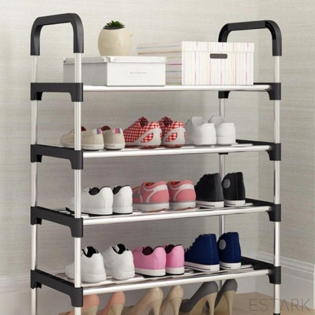 ESTARK® Schoenenrek - Praktische Schoenenkast - XXL - Zwart Metaal - Shoenen Rek Kast Opbergkast - Shoe Rack - Voor 16 Schoenen - Schoenenrek - 16 Paar (6090916462461)