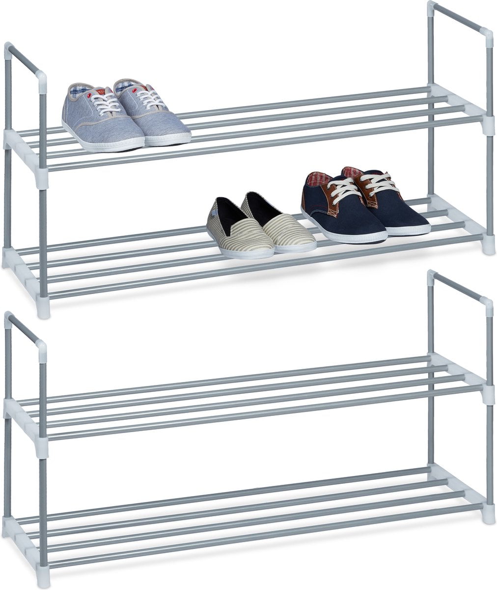 Relaxdays 2x schoenenrek metaal - 2 etages - open schoenenkast zilver - opbergrek schoenen (4052025339579)