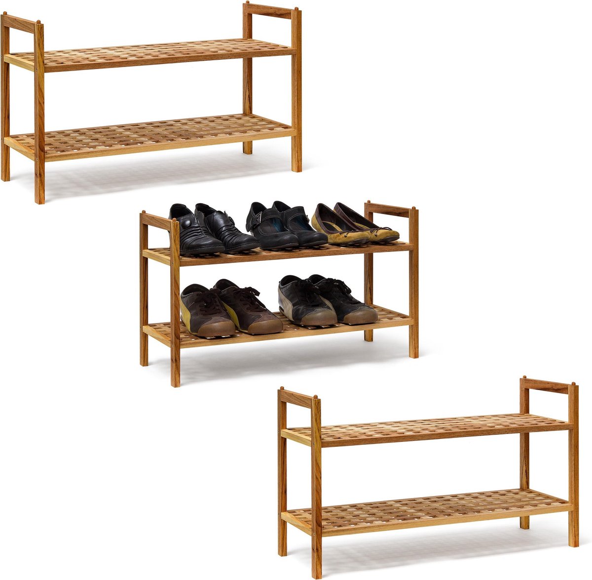 relaxdays 3 x schoenenrek notenhout stapelbaar - 6 etages - voor tot 18 paar schoenen hout (4052025216214)