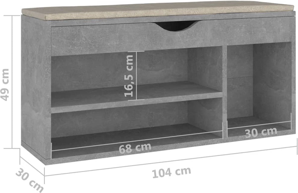 vidaXL Schoenenbank met kussen 104x30x49 cm spaanplaat betongrijs (8720286343524)