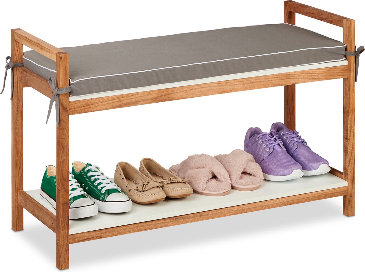 Relaxdays schoenenbank met kussen - halbank schoenenrek 90 cm - houten opbergrek schoenen (4052025457877)