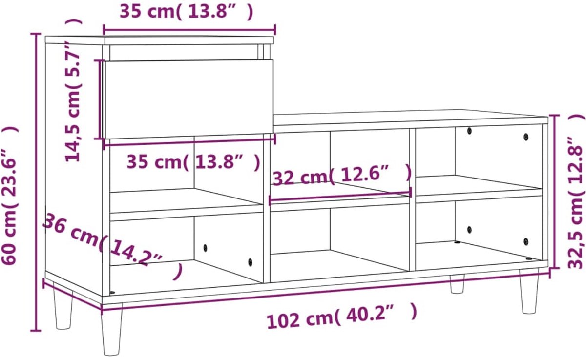 vidaXL Schoenenkast 102x36x60 cm bewerkt hout gerookt eikenkleurig (8720287225454)