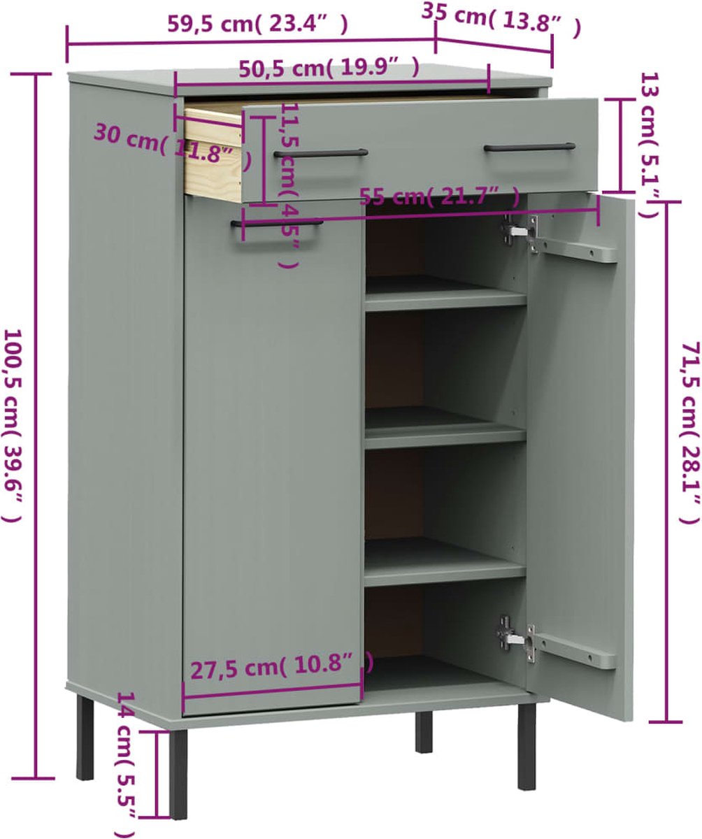 vidaXL Schoenenkast met metalen poten OSLO massief grenenhout grijs (8720845577940)