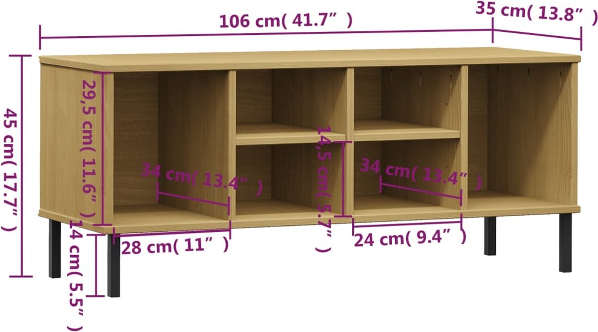 vidaXL Schoenenrek met metalen poten OSLO 106x35x45cm grenenhout bruin (8720845578022)