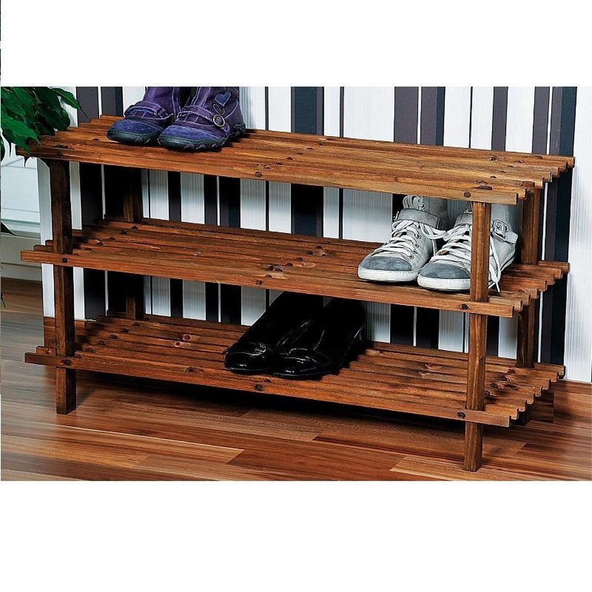 FSC® Dennenhouten Schoenenrek, 3 Verdiepingen voor 9 Paar Schoenen | Schoenenkast | Schoenen Rek | Afm. 77 x 40 x 26 Cm. | Kleur: Donker Dennenbruin (4000270697333)