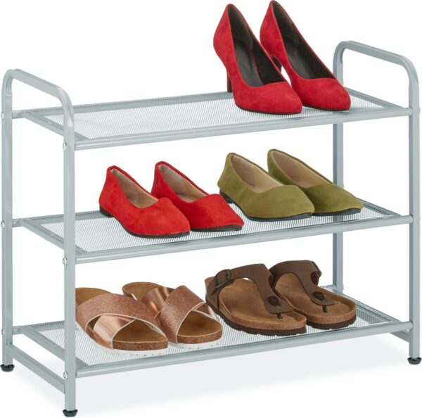 Relaxdays schoenenrek - 3 etages - schoenen opbergrek - 6 paar - staal - modern - zilver (4052025472023)