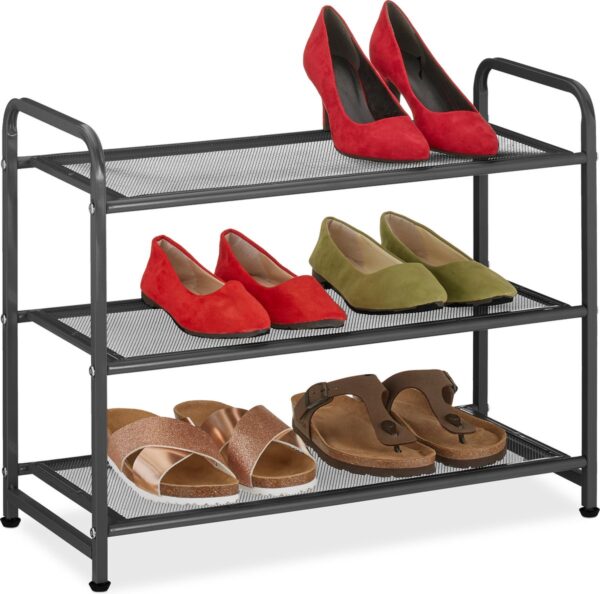 Relaxdays schoenenrek - 3 etages - schoenenmeubel - 6 paar - hal - gang - staal - zwart (4052025472016)
