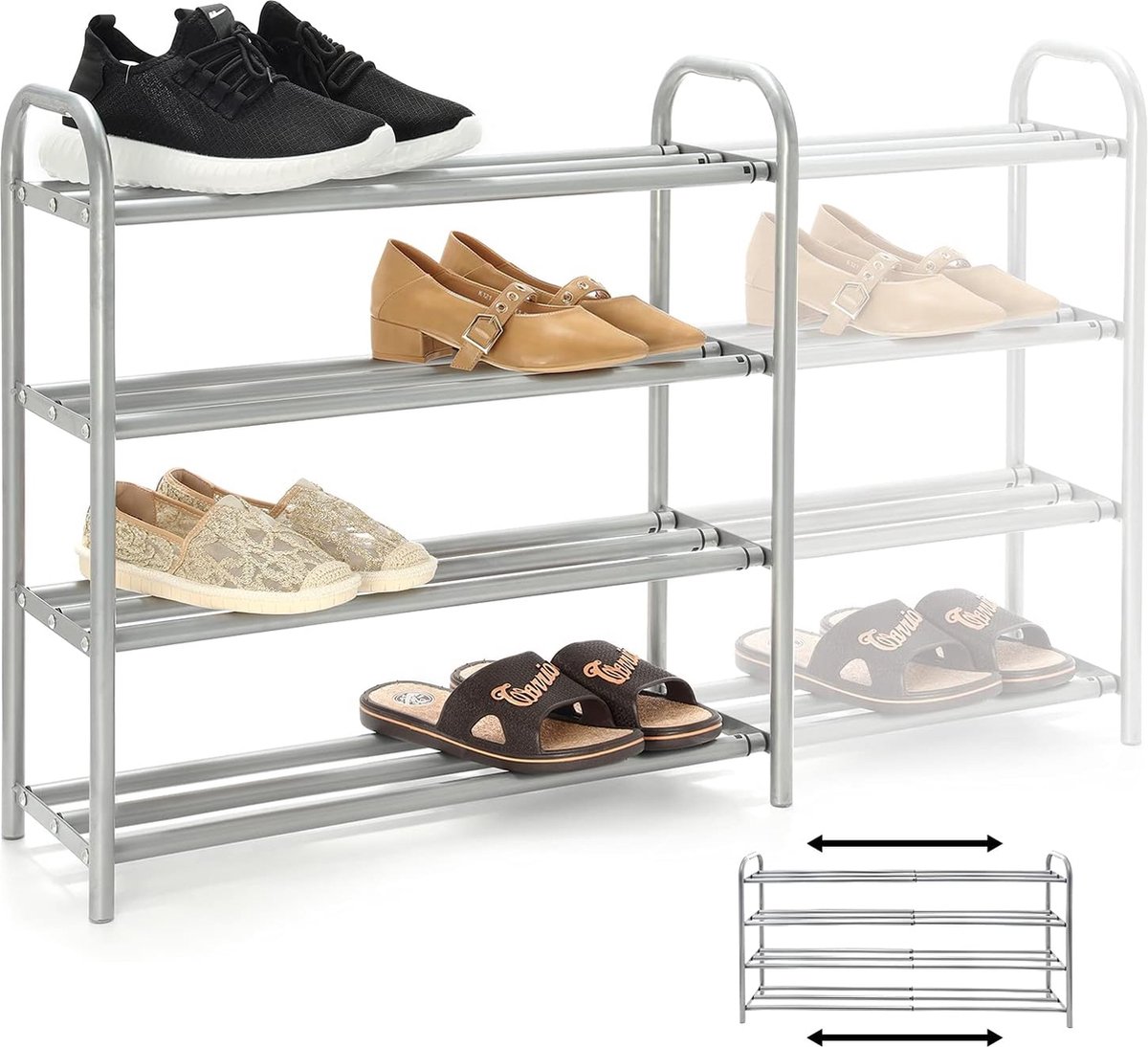 4-laags uitschuifbare schoenenrekorganisator, stevig metalen rek voor maximaal 20 paar schoenen, ruimtebesparend rek voor kledingkast. (8998339468122)