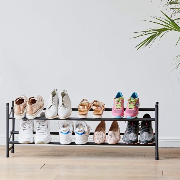 Loft metalen schoenenrek - Smal, open schap voor maximaal 10 paar schoenen - Uitschuifbaar, stapelbaar, stabiel - Mat zwart (8998339610774)