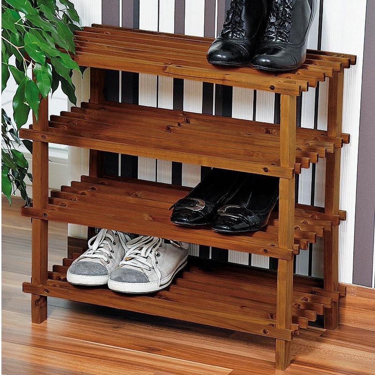 FSC® Dennenhouten Schoenenrek, 4 Verdiepingen voor 12 Paar Schoenen | Schoenenkast | Schoenen Rek | Afm. 54 x 26 x 52 Cm. | Kleur: Donker Dennenbruin (4000270697340)