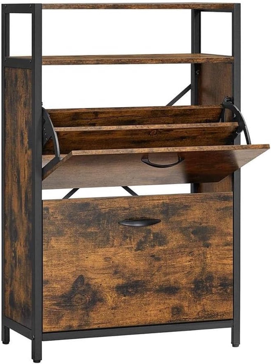 FurnStar Schoenenkast - Schoenenbank - Schoenenrek - Schoenenrek Metaal Hout - Schoenenrek Zwart - 60 x 30 x 95 cm - Vintage Bruin Zwart (8683420404218)