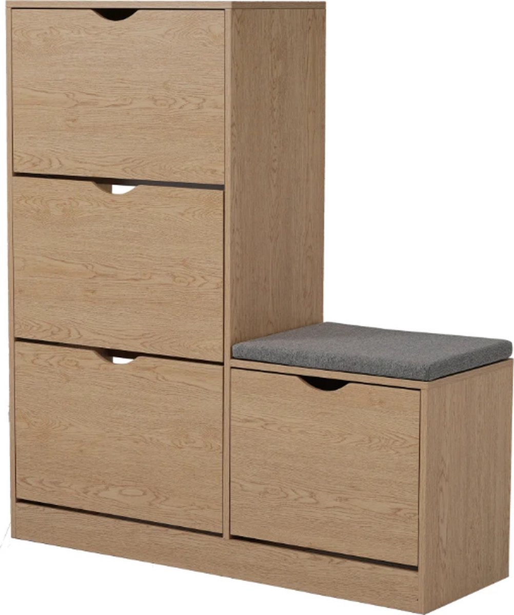 Kibus Schoenenkast met Bankje - 4 kleppen - 24 paar schoenen - 119x107x35cm - Hout met Kussen - Schoenkast - Schoenenrek (6150617181112)