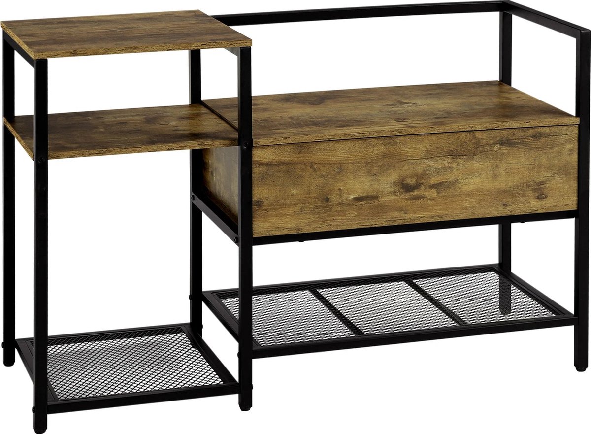 Néos® Schoenenkast - Met Bank - MDF/Metaal - Vintage Hout/Zwart - 107x66x37cm (6150749678672)