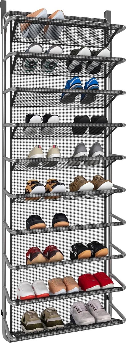 Schoenenrek boven de deur met 10 niveaus, hangend schoenenrek, metalen schoenenorganizer voor voorraadkast (grijs, 55 x 19,5 x 159 cm) (8998339233010)