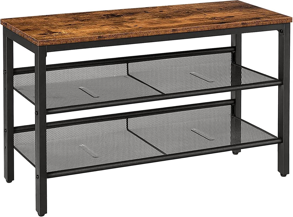 Furnibella - Schoenenbank, schoenenrek met 2 planken, 75 x 30 x 45 cm, opslag voor schoenen, metalen frame, schoenenrek met zitvlak, voor ingang, hal, woonkamer, donkerbruin EBF01HX01 (7806139447203)