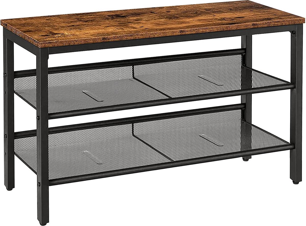 Furnibellaa - Schoenenbank, schoenenrek met 2 planken, 75 x 30 x 45 cm, opslag voor schoenen, metalen frame, schoenenrek met zitvlak, voor ingang, hal, woonkamer, donkerbruin (5487567882150)