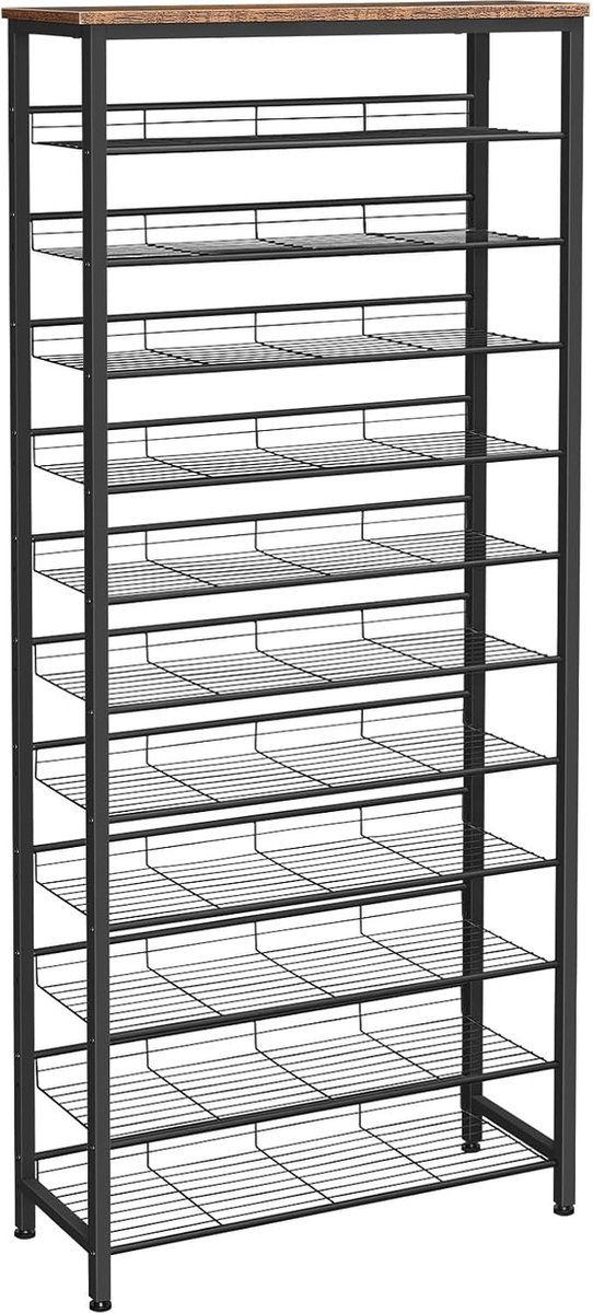 Groot schoenenrek, 12 etages, schoenenkast hoog, voor 35-45 paar schoenen, met schuine roosterplanken, metalen frame, voor hal, garderobe, ingang, donkerbruin zwart (4800325451633)