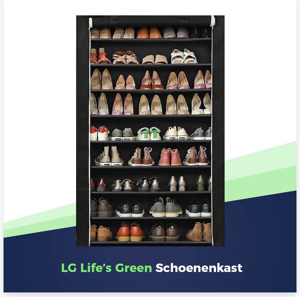 LG Life's Green Verplaatsbare Schoenenkast - Schoenenopslag met 10 legplanken - Opbergkast met Rolgordijn - 80KG Draagvermogen - Zwart - 100 x 28 x 164 cm (8720929451630)