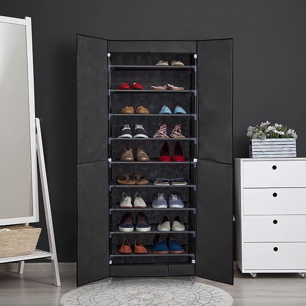 Stoffen kast voor 30 paar schoenen, schoenenkast zwart van vliesstof met deuren Maat 168*61* 31,5 cm, (4805388778864)