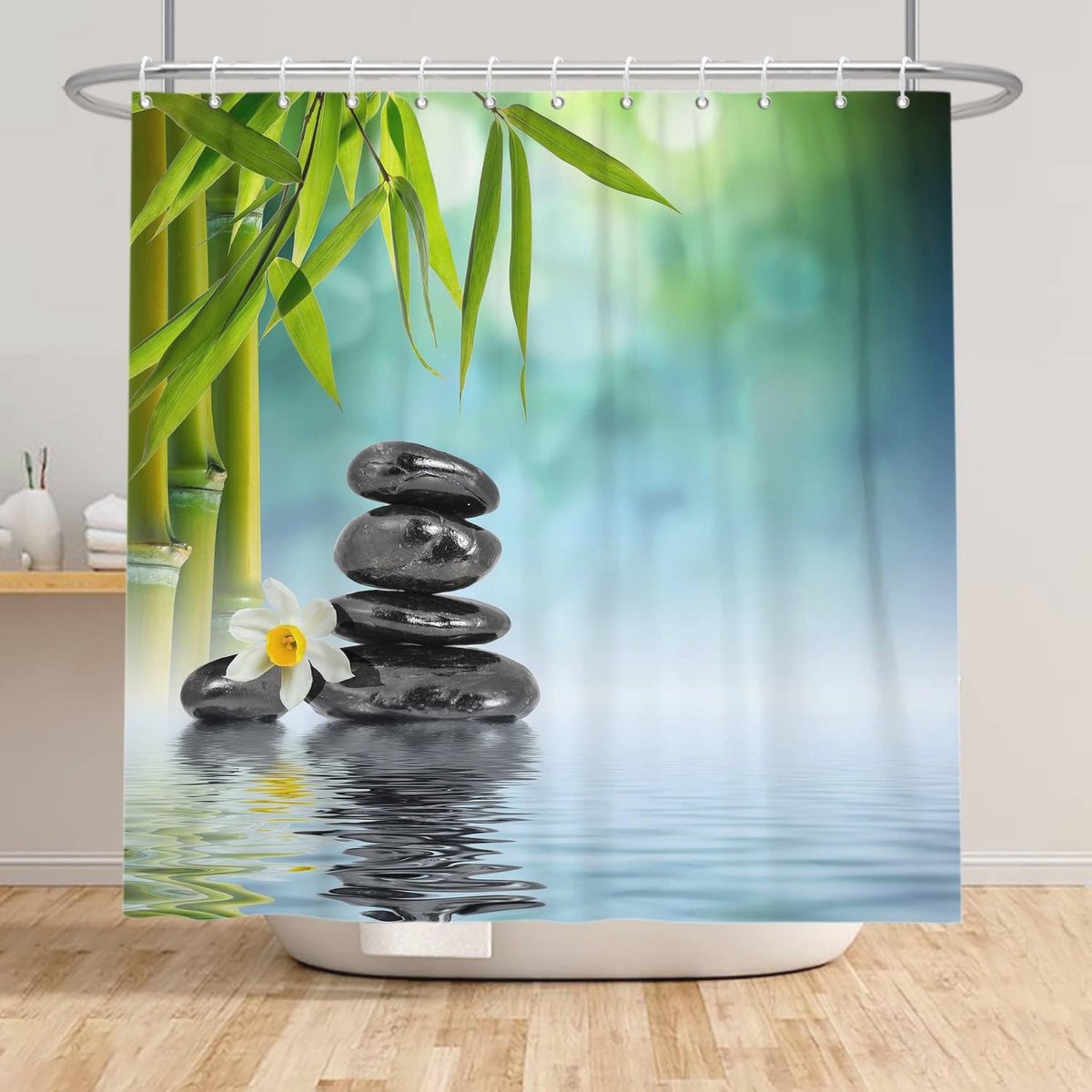 Douchegordijn 72x72 inch met Groene Bamboe en Orchideeën - Zen Meditatie Badgordijn voor Badkamer Decor (6152644161150)