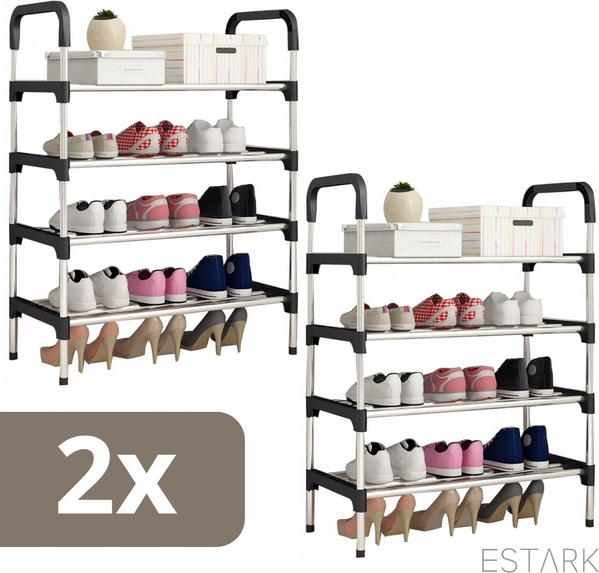 ESTARK® 2x Schoenenrek - Praktische Schoenenkast - XXL - 2 REKKEN - Zwart Metaal - Schoenen Rek Kast Opbergkast - Shoe Rack - Voor 16 Schoenen - Schoenenrek - 16 Paar x2 (6090918164189)