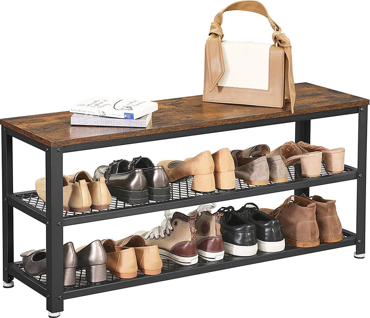 Elite Shoe Storage schoenenbank, schoenenrek met 2 planken, schoenenopberger, Sandalen Showcase 100 x 30 x 45 cm, voor entrees, gangen, woonkamers, metalen frame, industrieel design, vintage bruin-zwart (9504787593775)