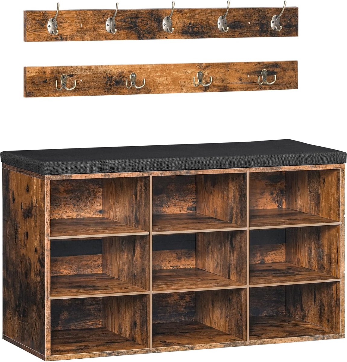 Garderobe schoenenrek set - schoenenbank met 9 vakken - schoenenrek met gevoerde zitbank - wandgarderobe met 9 haken - schoenenkast voor hal - entree - slaapkamer - vintage bruin EBF89HX01 (5487569971814)