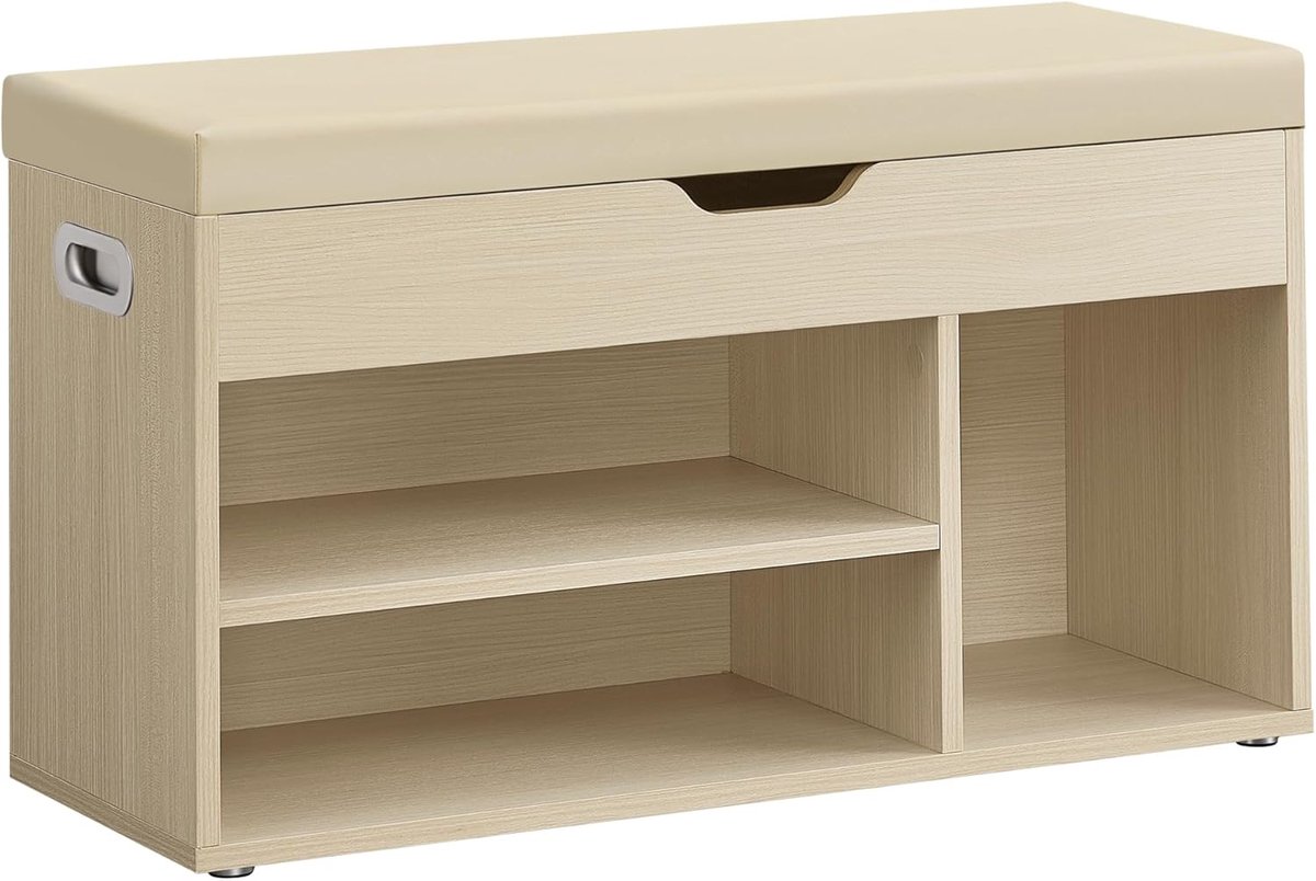 Gevoerde schoenenbank, opbergbank, met 3 vakken, verborgen opslag en planken, voor woonkamer, entree, slaapkamer, draagkracht 150 kg, naturel beige (5487570028835)