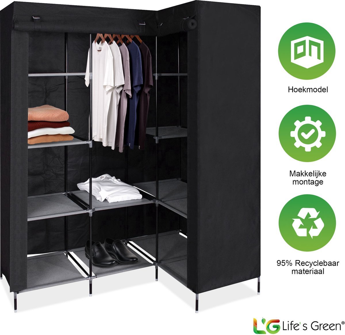 LG Life's Green Opvouwbare Kleerkast - 126x40x170CM - Kledingrek met 9 Legplanken - Stoffen Kledingkast - Hoekkast - 90KG Draagvermogen - Zwart (8720929451647)