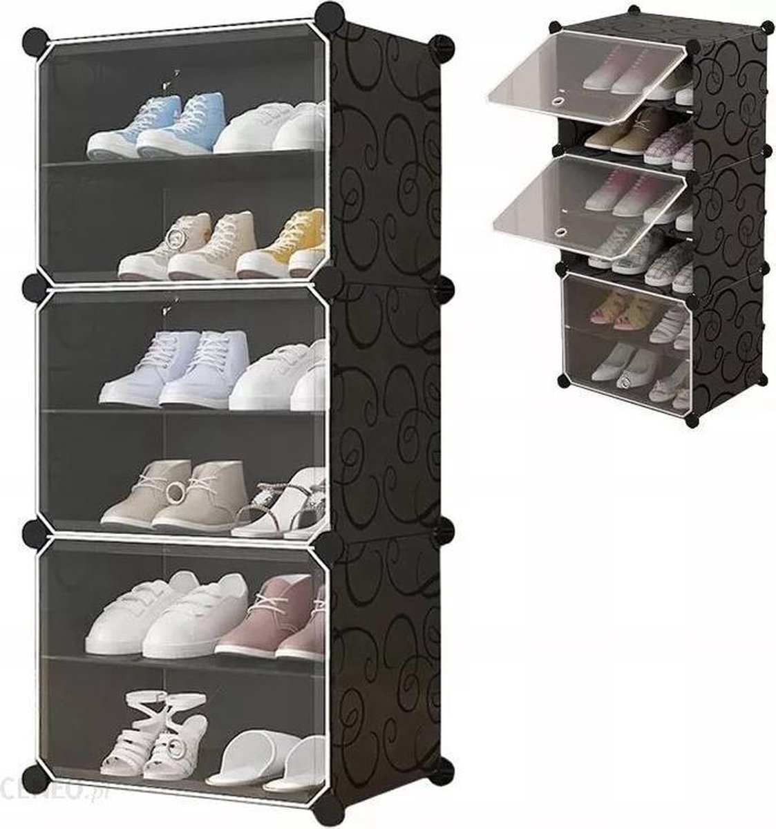 Luxe Modulaire Schoenenkast - Ruimtebesparend schoenenrek - Met 3 Modules & 6 Planken - Compacte schoenen opberger - Waterbestendig - Zelf samenstellen - 94,2 x 43,6 x 31,5 cm - Zwart (8719984127550)