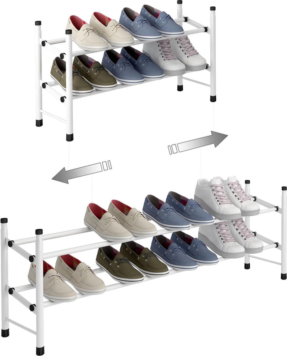 Uitschuifbaar schoenenrek met 2 lagen voor het opbergen van maximaal 12 paar schoenen, verstelbaar stapelbaar schoenenrek opbergruimte voor gang, 62 ~ 114 x 22 x 35 cm (wit, 2 planken) (4801288655205)