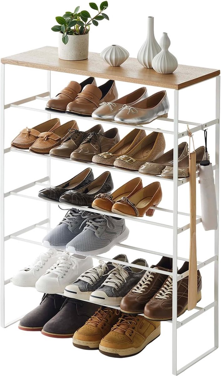 Yamazaki 3369 Tower Shoe Rack with 6 Levels, White, Steel/Wood, Minimalist Design, 66 x 25 x 87 cm (L x W x H) (7593919682250)