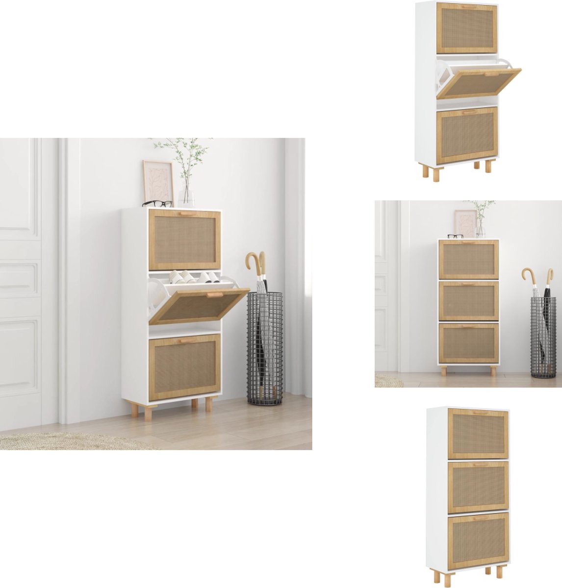 vidaXL Schoenenrek - Schoenenrekken - Opbergrek Voor Schoenen - Schoenenstellage - Schoenenkast 52x25x115 cm bewerkt hout en natuurlijk rattan wit (8721096879784)