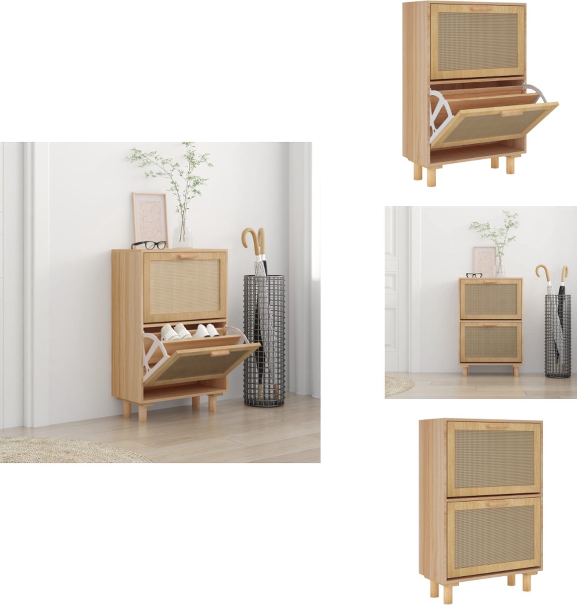 vidaXL Schoenenrek - Schoenenrekken - Opbergrek Voor Schoenen - Schoenenstellage - Schoenenkast 52x25x80 cm bewerkt hout & natuurlijk rattan bruin (8721096985041)