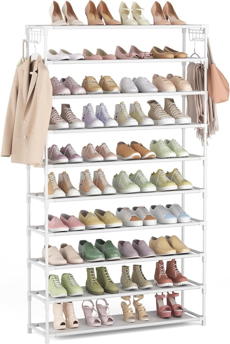 10-niveaus metalen schoenenrek voor 50 paar schoenen - schoenenorganizer - 155 cm hoog - ruimtebesparend - wit - hal woonkamer entree (6152325534570)