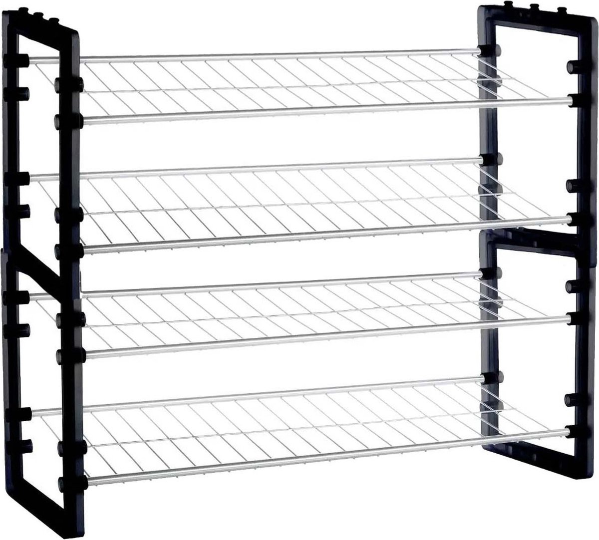 2x Stuks schoenenrek/schoenenkast stapelbaar zilver/zwart 8 paar schoenen 50 x 67 cm van metaal/kunststof - Schoenen opbergen (8720576992074)