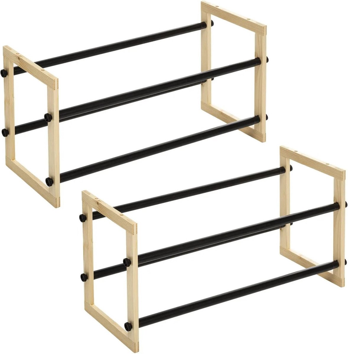 2x Stuks schoenenrek/schoenenkast uitschuifbaar zwart/naturel 6-12 paar schoenen 60 x 30 cm metaal/hout- Schoenen opbergen (8720576996256)