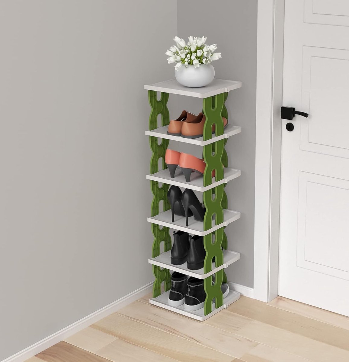 6 verdiepingen smal schoenenrek, kleine verticale schoenenstandaard, ruimtebesparende DIY vrijstaande schoenenopberger voor kast, hal, eenvoudige montage en stabiele structuur, donkergroen (8998339284951)