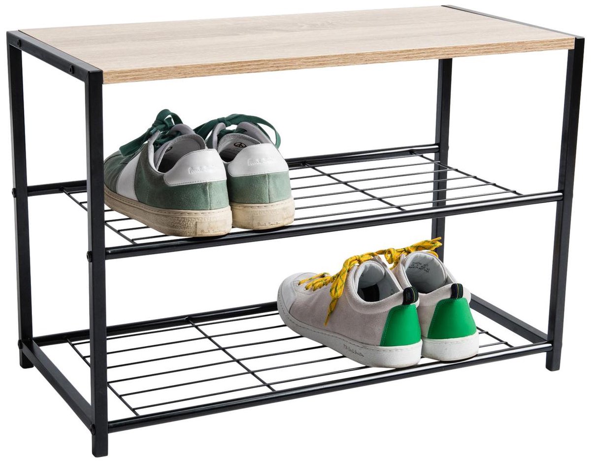 ACAZA Schoenenrek - 2 Lagen - 6 tot 8 Paar Schoenen - Zwart / Lichte Eik Kleur - 43 cm x 63 cm x 30 cm - schoenenbank - schoenenrek zwart - schoenenrek metaal (5400943011777)