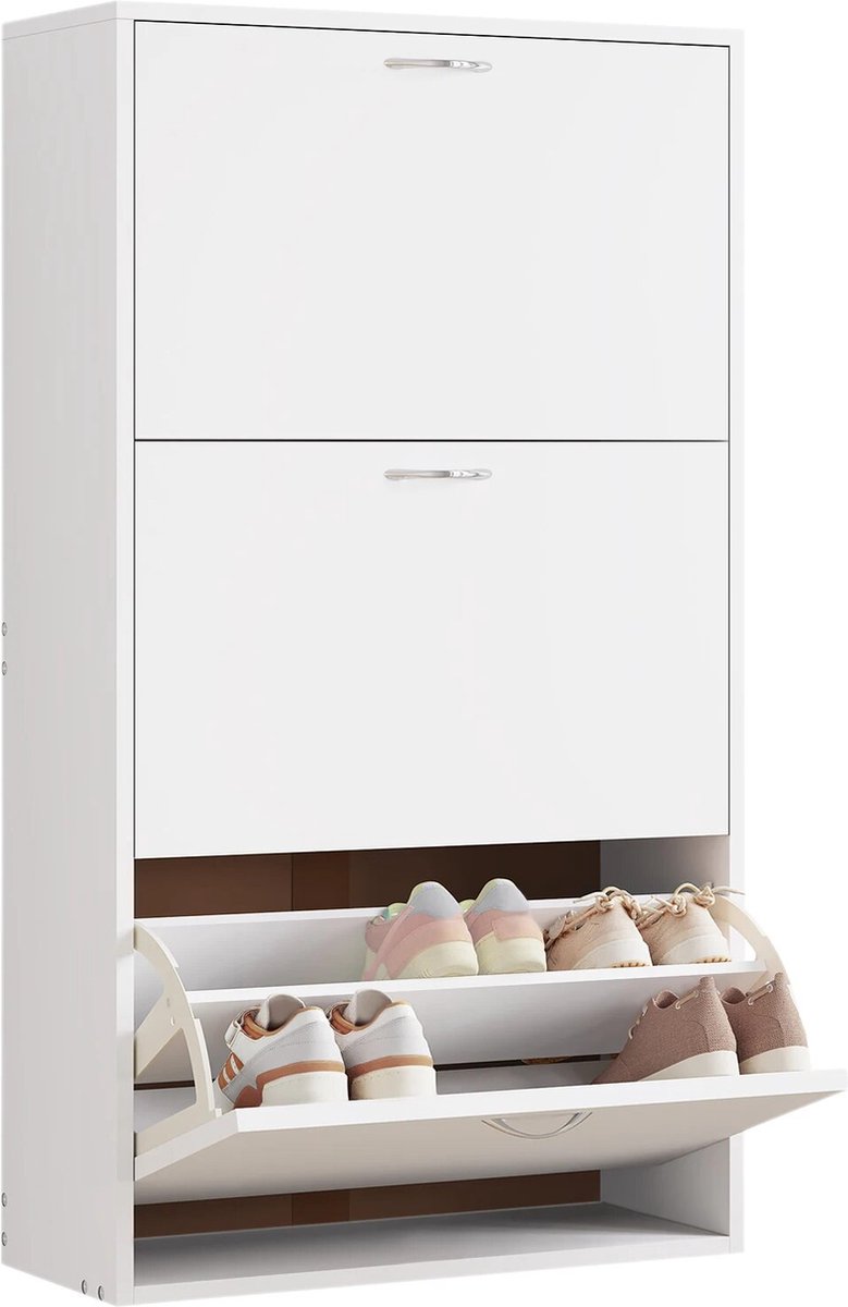 BukkitBow - Houten Schoenenkast met 3 Vakken - Geschikt voor 12 tot 18 Paar Schoenen - Wit (140CM Hoog) (8721048802945)