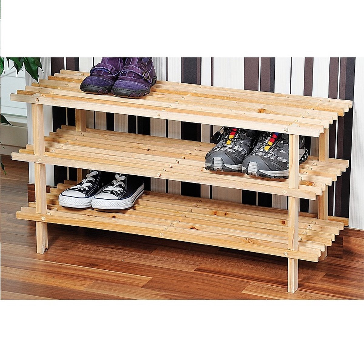 FSC® Dennenhouten Schoenenrek, 3 Verdiepingen voor 9 Paar Schoenen | Schoenenkast | Schoenen Rek | Afm. 77 x 40 x 26 Cm. | Kleur: natuurlijk Dennenbruin (4000270697234)