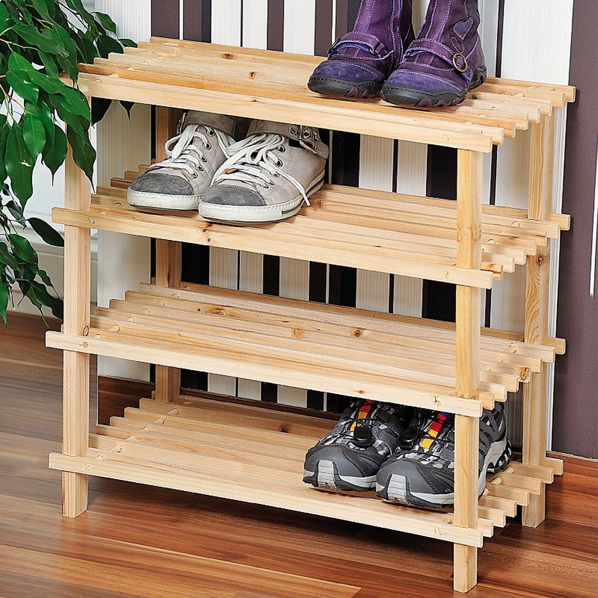 FSC® Dennenhouten Schoenenrek, 4 Verdiepingen voor 12 Paar Schoenen | Schoenenkast | Schoenen Rek | Afm. 54 x 26 x 52 Cm. | Kleur: Natuurlijk Dennenbruin (4000270697241)