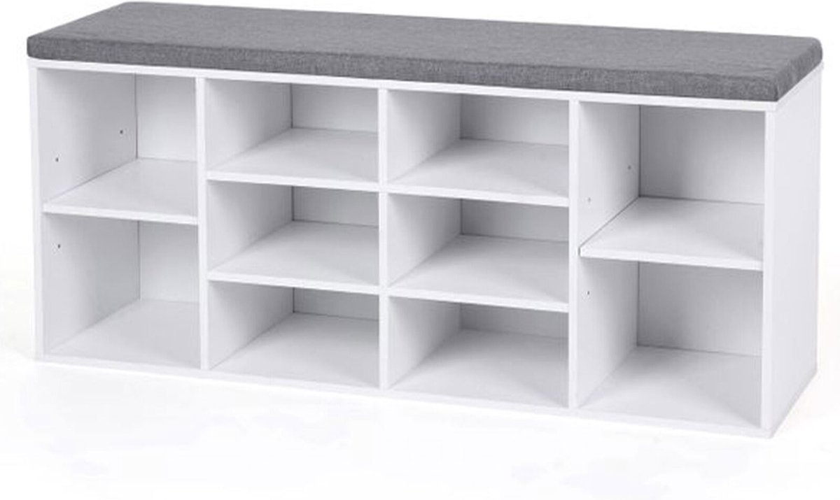 FurnStar - Schoenenbank met kussen - opbergbank met gevoerde zitting - halbank met 10 compartimenten - voor slaapkamer - 104x30x48 cm - wolkenwit en duifgrijs (8721001552160)