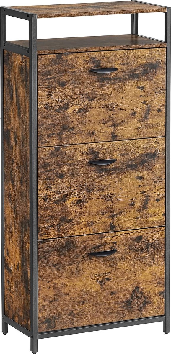 FurnStar - Schoenenkast - hoge schoenenkast met 3 draaideuren - open plank - binnenverdeler - gang voor 12-18 paar schoenen - ruimtebesparend - 60 x 30 x 130 cm - rustiek bruin en zwart (8721001552085)