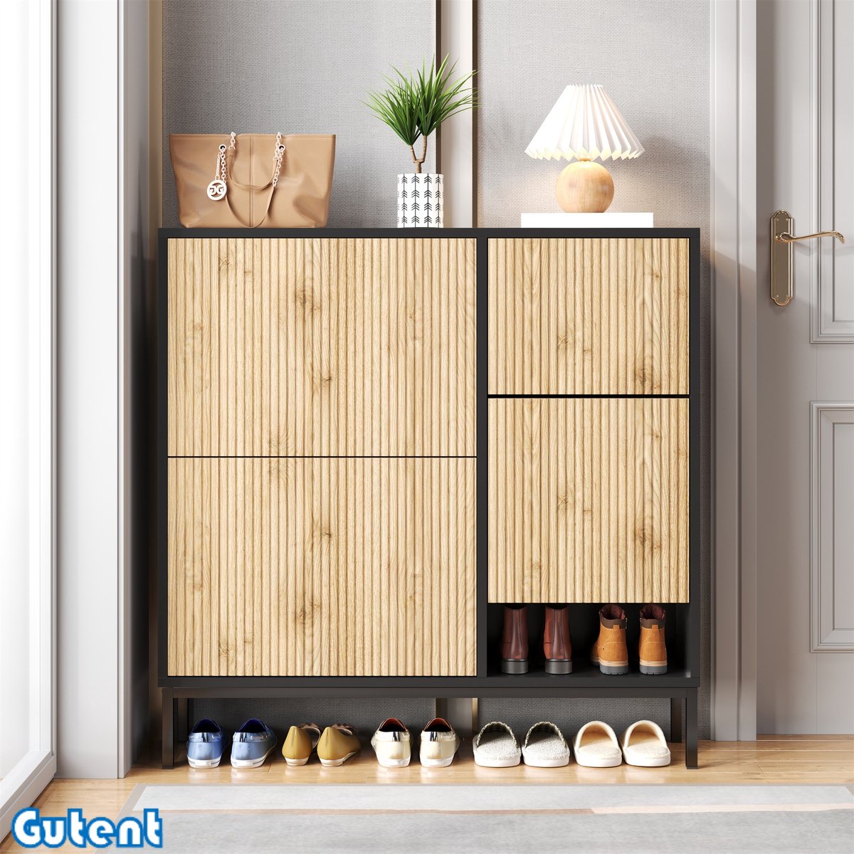 Gutent Schoenenkast - met luierbank - Drie kleppen - Open opbergruimte - Hout en Zwarte kleuren (7426582524544)