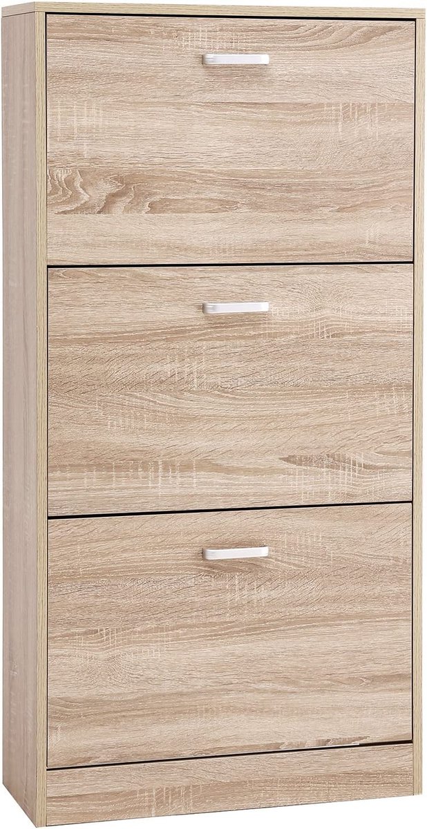 Hoppa! 3-laags schoenenkast, schoenenopbergkast, verstelbaar schoenenrek, met klapdeuren, 60 x 24 x 120 cm (L x B x H), eikenkleur (8720574117127)