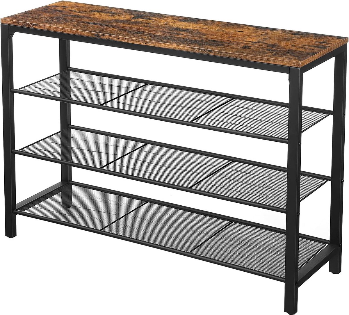 Hoppa! Schoenenrek, schoenenrek, schoen organisator met 3 strak gemaasde gaasplanken, gang, woonkamer, slaapkamer, eenvoudige constructie, stal, industriële stijl, vintage bruin-zwart (8720254447940)