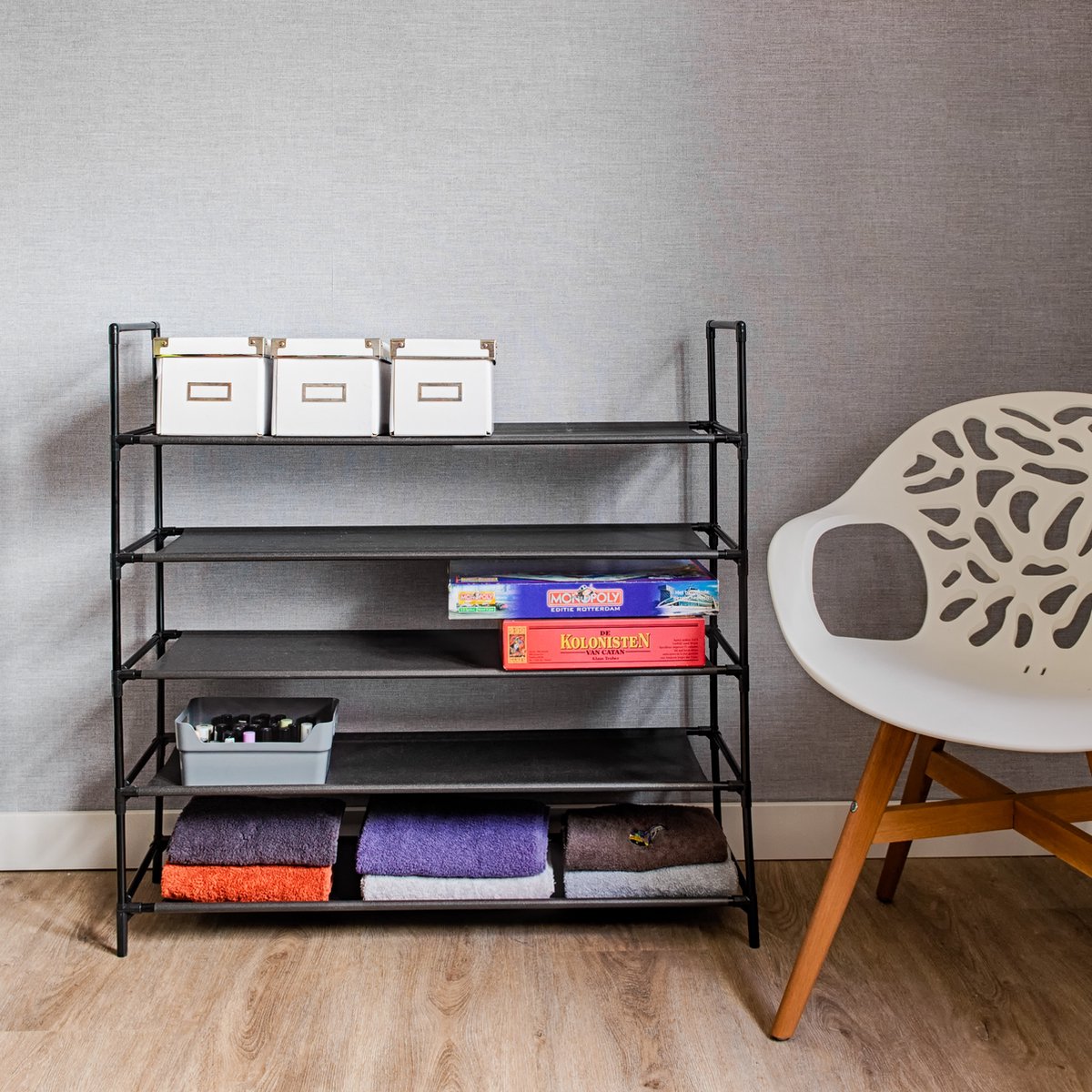 Life's Green verplaatsbare Schoenenkast met 5 niveaus - D27.5 x B99 x H94 cm - voor 20 paar schoenen - stalen frame met stevige Stoffen Planken - Handdoekenrek - Ruimtebesparende Schoenenkast - Zwart (8720828204603)