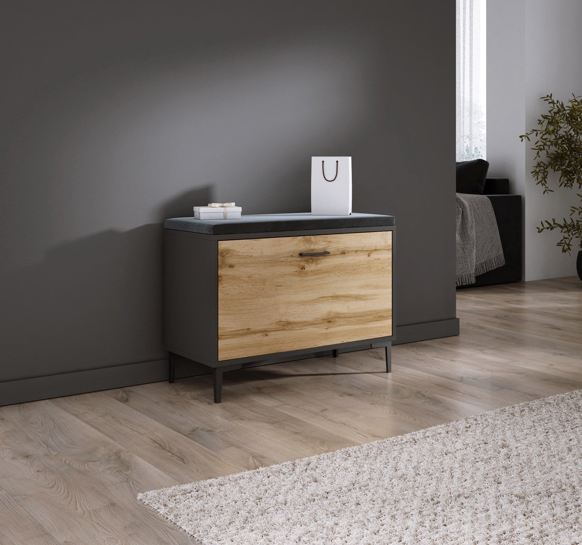 Meubel Square - Schoenenbank NOX - Antraciet / Eiken - Schoenenkast - Halmeubel (9506743824862)