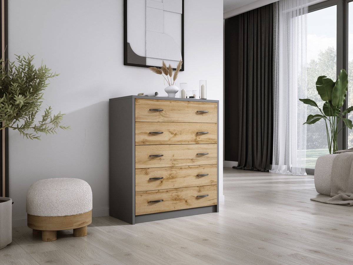 Meubel Square - Schoenenkast Footsie - Antraciet / Eiken - Schoenenrek met 5 kleppen - Halmeubel (9509424321414)